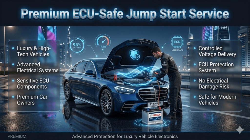 Premium ECU-safe car jump start service showing technician using advanced smart booster on luxury vehicle with controlled voltage protection
