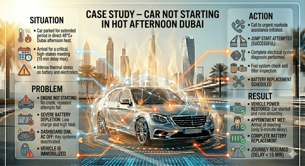 Case study of car not starting in hot afternoon Dubai showing heat-related battery failure and quick mobile replacement solution