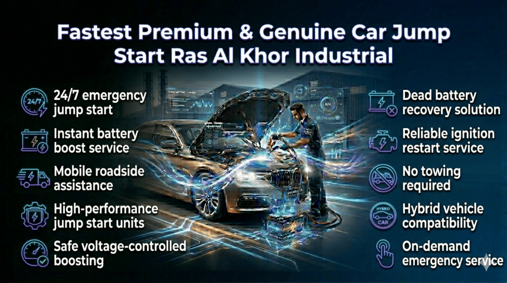 Emergency car jump start service features in Ras Al Khor Industrial showing technician boosting battery with key benefits displayed.