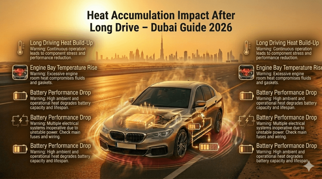 Car heat accumulation after long driving in Dubai causing engine bay temperature rise and battery performance drop