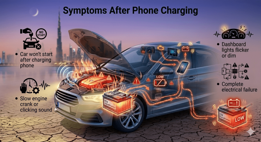 Car battery failure symptoms after phone charging showing dim lights, warning signs, and starting issues