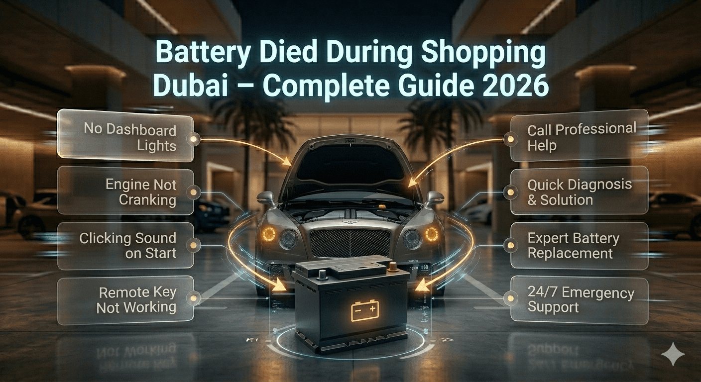 Car battery died during shopping in Dubai mall parking with symptoms like no lights, no crank, and key failure shown in infographic style.