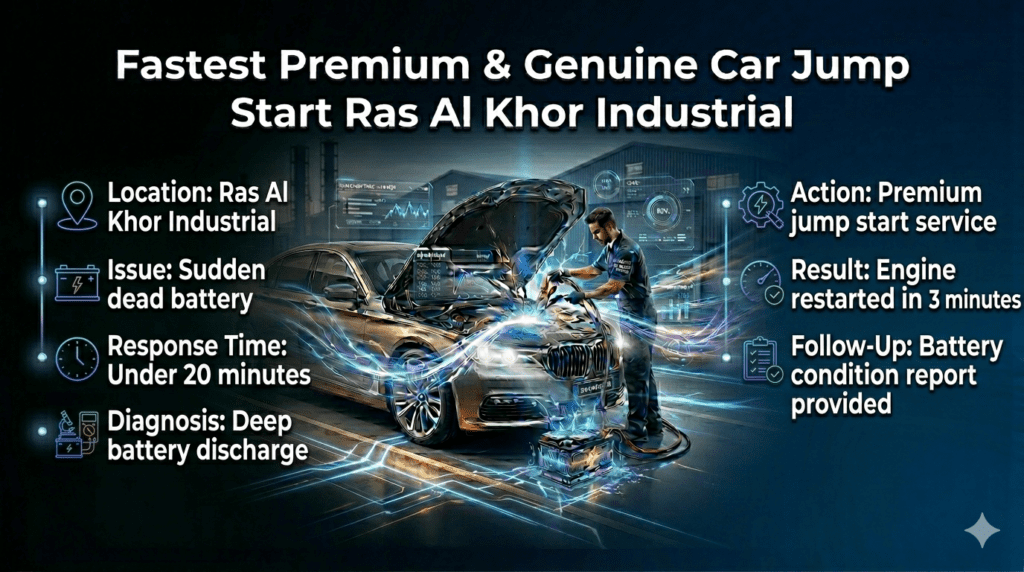 Car jump start case study in Ras Al Khor Industrial showing technician fixing dead battery with service timeline and results.