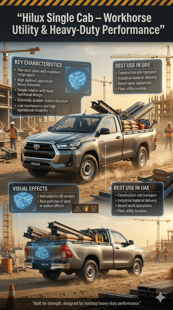 Toyota Hilux Single Cab pickup truck shown in UAE construction and desert industrial environment carrying heavy materials, with infographic panels highlighting durability, payload capacity, and utility usage.