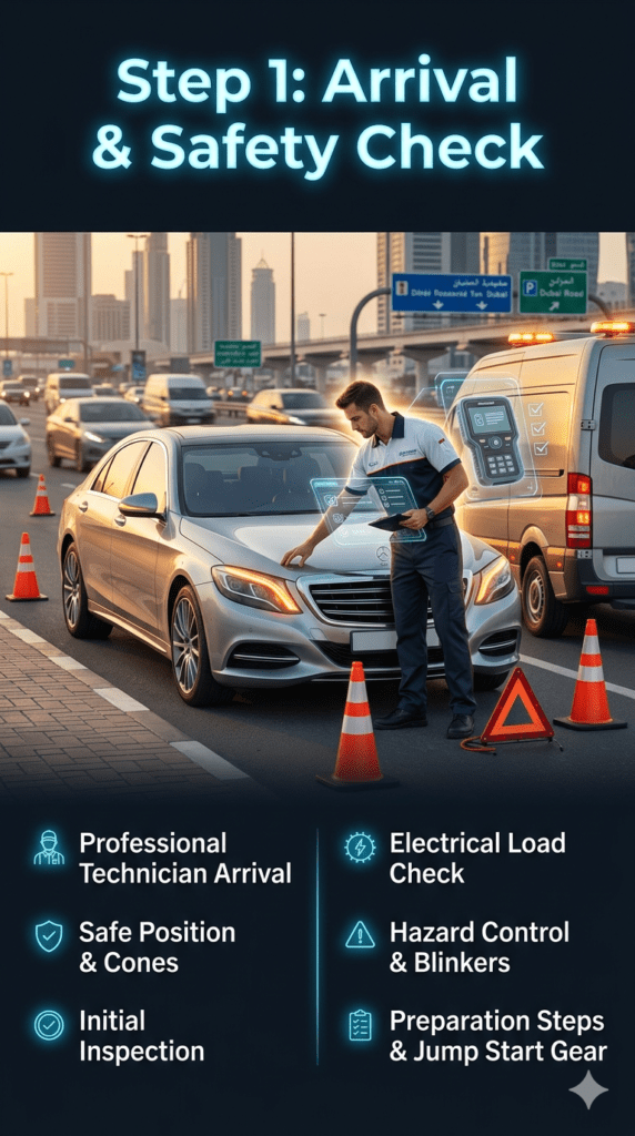 Roadside jump start technician performing arrival and safety check on a stranded vehicle at Gold Souk Deira location ensuring secure positioning and electrical load safety.