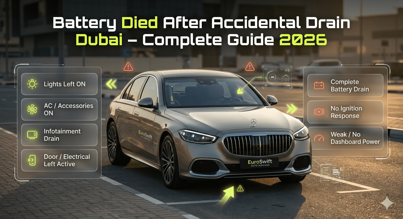 Car battery died after accidental drain in Dubai showing lights left on, no ignition, and complete power loss.