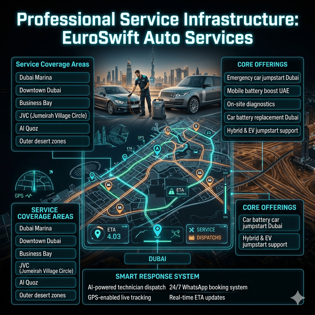 A futuristic Dubai city map showing EuroSwift Auto Services coverage with AI dispatch routes, technician locations, and emergency jumpstart service network.