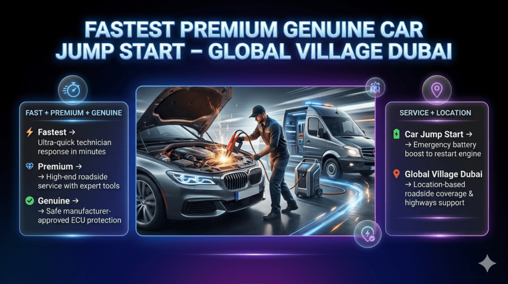 Futuristic user guide infographic showing premium car jump start service at Global Village Dubai with central automotive rescue scene and structured key breakdown points on both sides.
