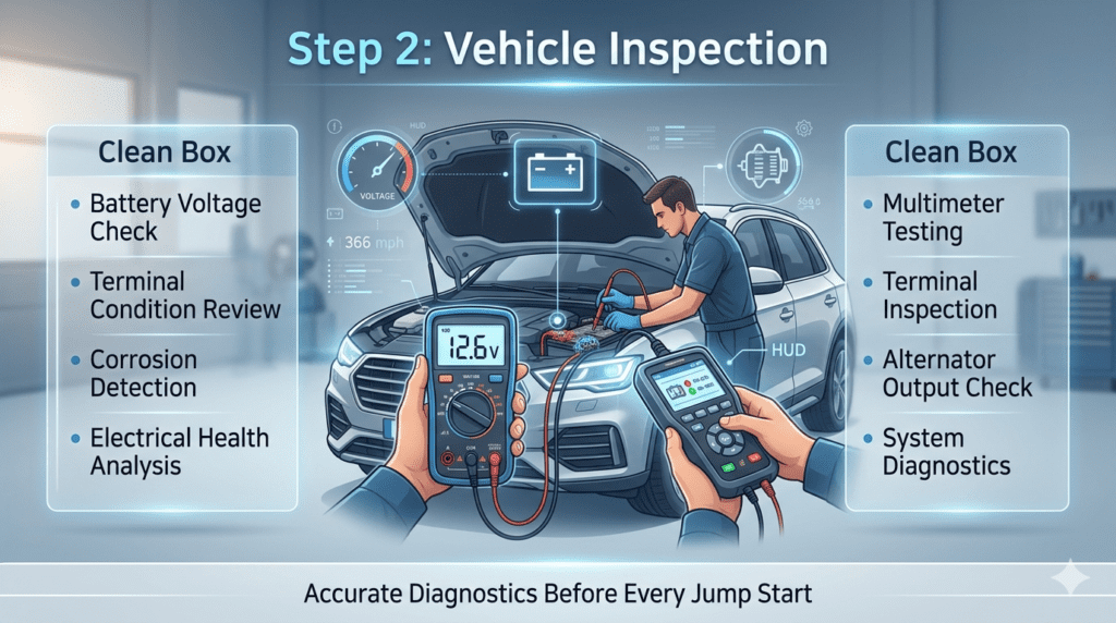 Vehicle inspection step showing technician checking battery voltage, terminal corrosion, and alternator performance using diagnostic tools