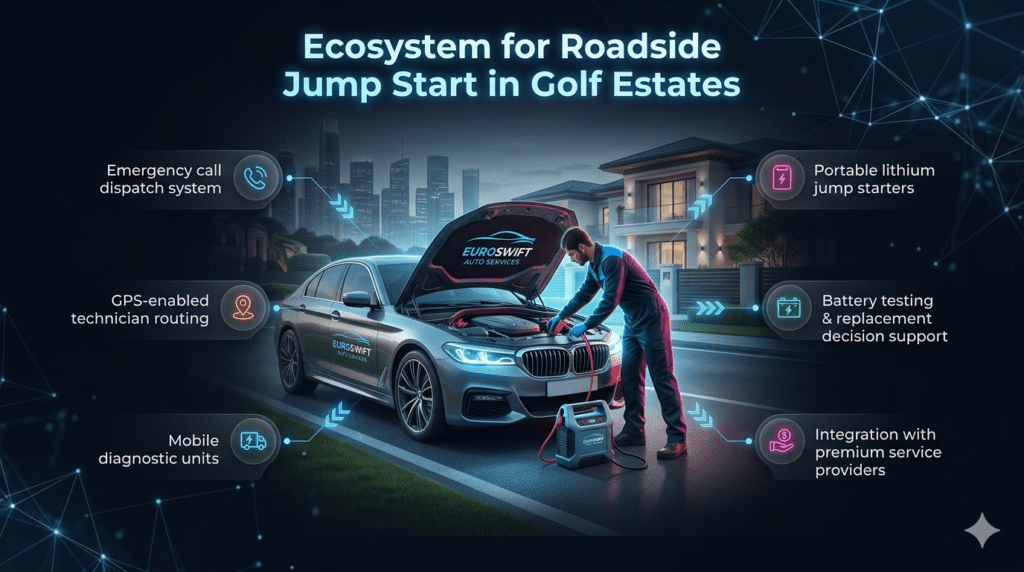Infographic showing roadside jump start ecosystem in Golf Estates with technician using lithium jump starter, GPS routing, and emergency service system.