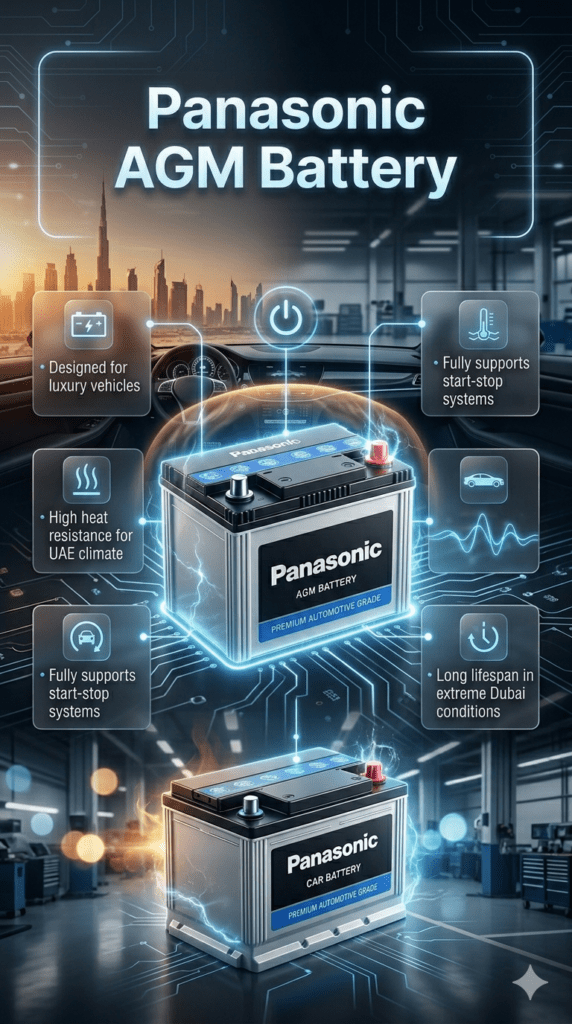 Panasonic AGM battery infographic showing luxury vehicle compatibility, high heat resistance, start-stop support, and long lifespan in Dubai conditions