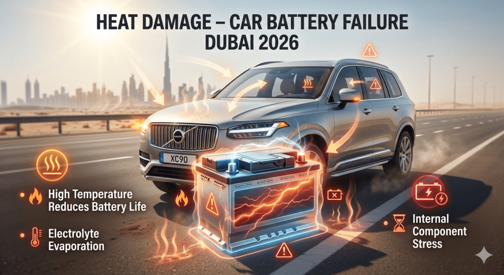 Car battery heat damage in Dubai showing overheating effects, electrolyte evaporation, and internal stress under extreme temperature