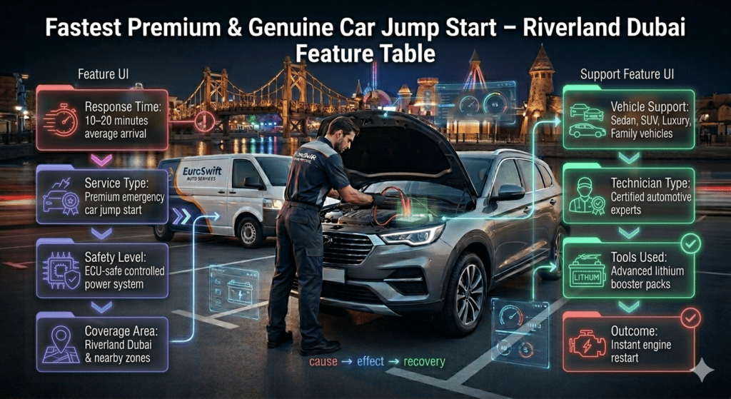 Feature table infographic showing Riverland Dubai jump start service with EuroSwift Auto Services, including response time, safety system, coverage, tools, vehicle support, and instant engine restart.