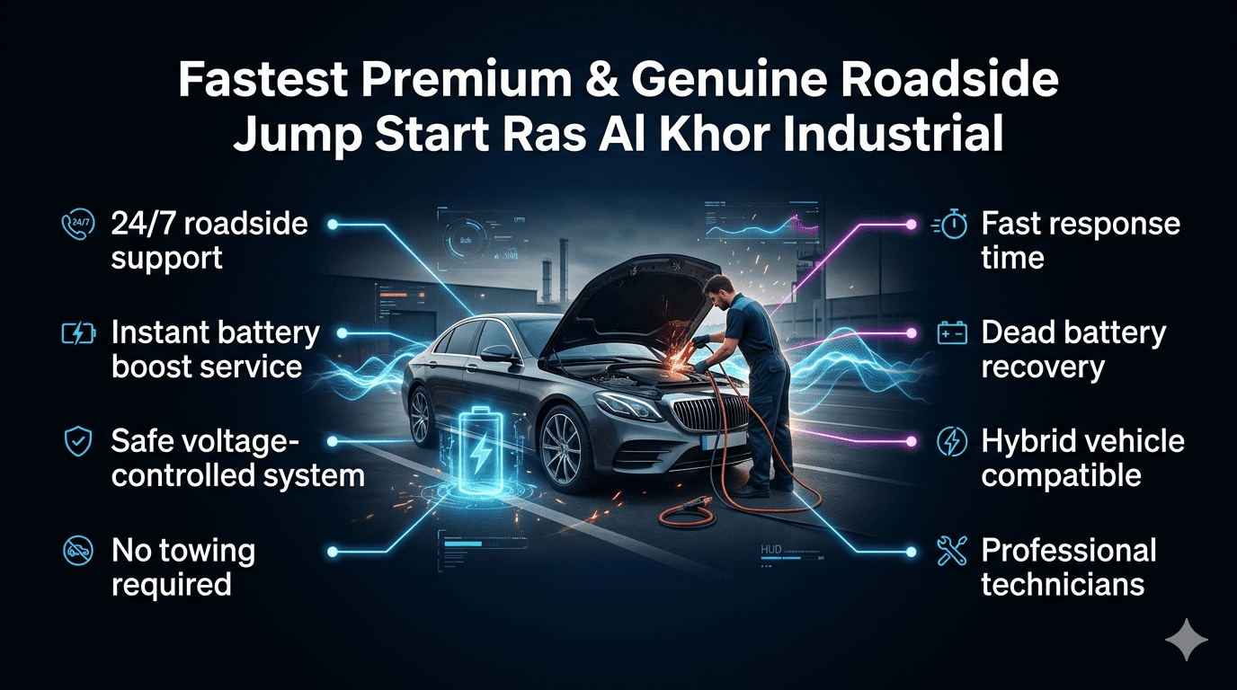 Roadside jump start service in Ras Al Khor Industrial showing technician boosting car battery with key service features displayed.