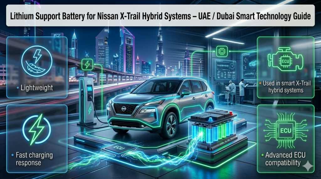 Lithium support battery Nissan X-Trail UAE infographic showing hybrid system technology, fast charging response, lightweight design, and advanced ECU compatibility in smart SUV systems.
