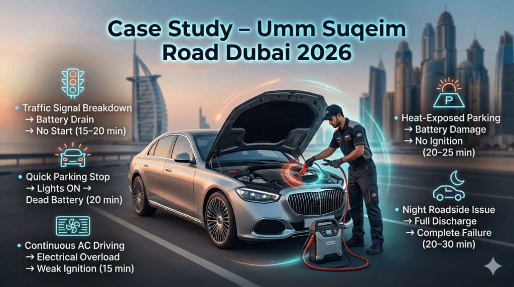 Car jump start case study on Umm Suqeim Road Dubai showing battery failure situations and roadside assistance solutions