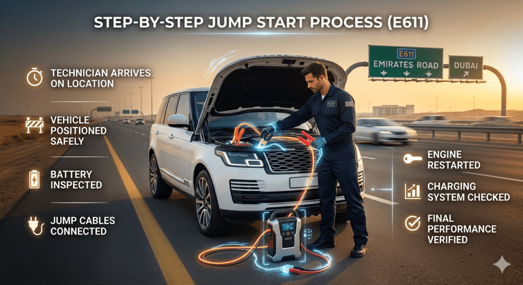 step by step car jump start process on Emirates Road E611 showing technician connecting cables and restarting vehicle safely
