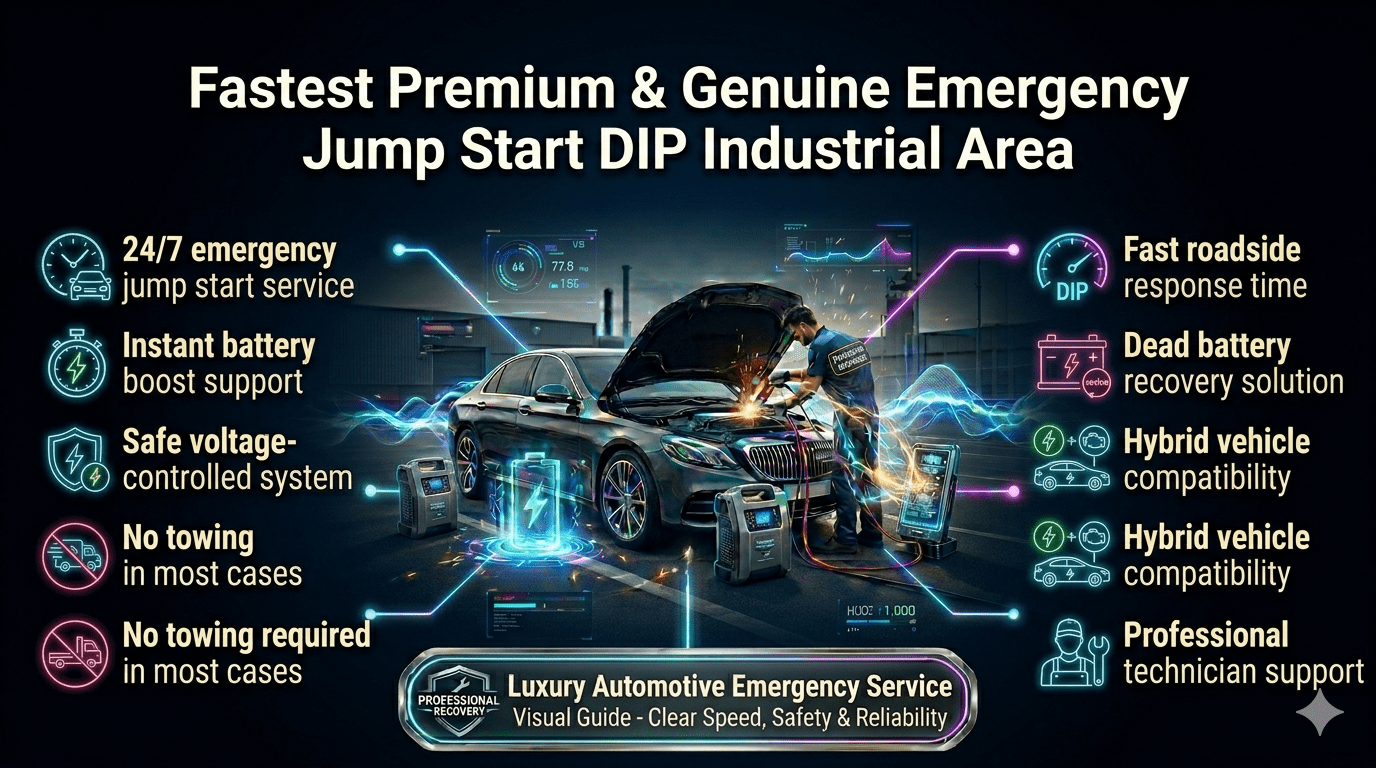 Emergency car jump start service in DIP Industrial Area showing technician boosting battery with key service highlights displayed.