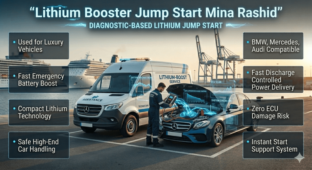 Technician using lithium booster device to safely jump start luxury BMW in Mina Rashid with branded roadside van and futuristic energy flow display.