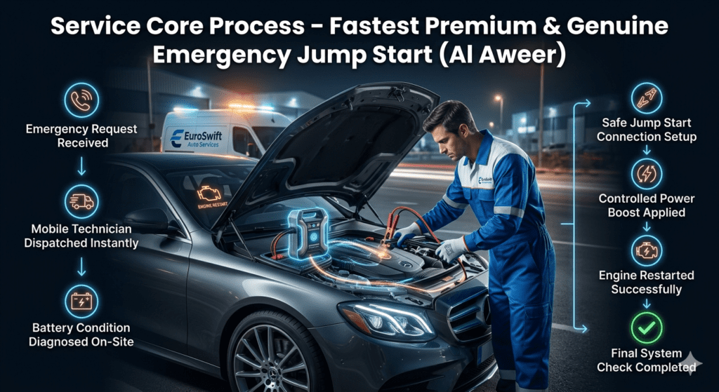 Step-by-step emergency jump start process showing technician performing safe battery boost and vehicle restart in Al Aweer industrial area.