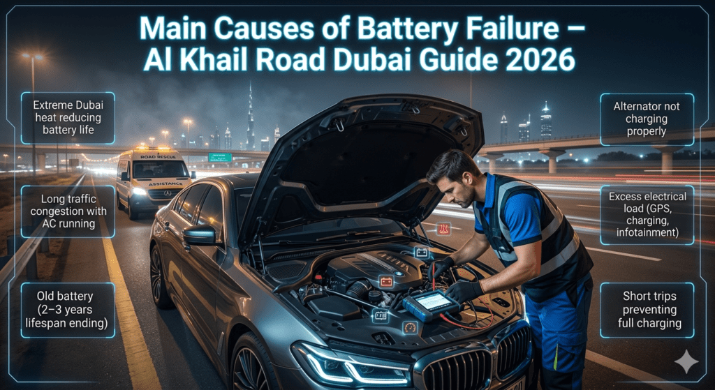 A cinematic roadside breakdown scene on Al Khail Road Dubai showing a mechanic inspecting a car battery with futuristic panels displaying major causes of battery failure in Dubai.