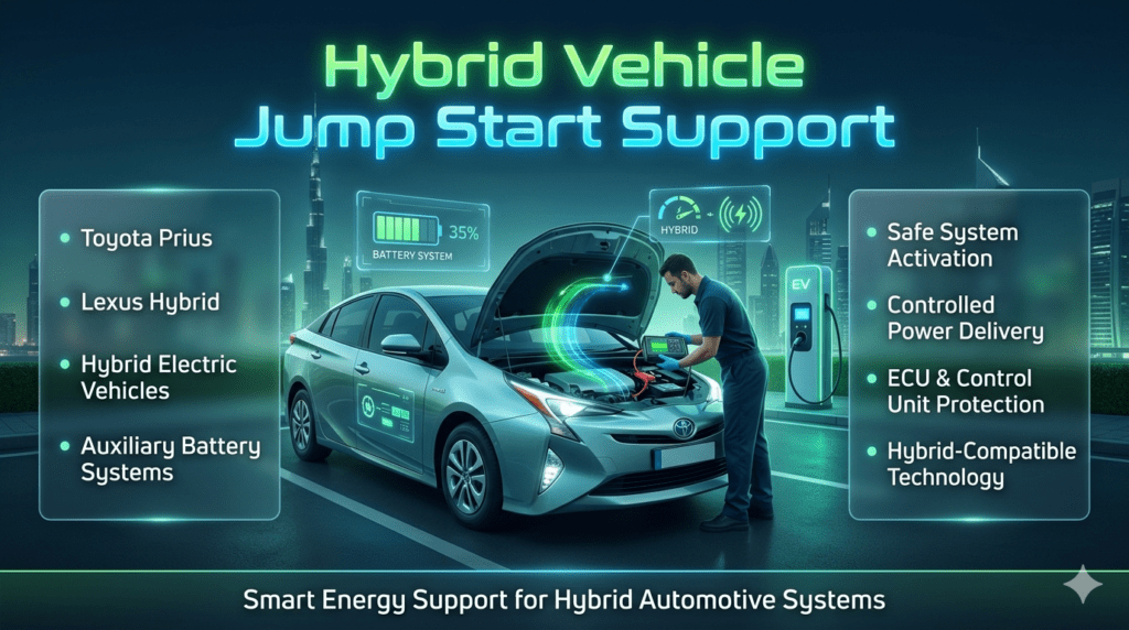 Hybrid vehicle jump start support showing technician safely activating auxiliary battery system in Toyota Prius and Lexus Hybrid with controlled energy flow