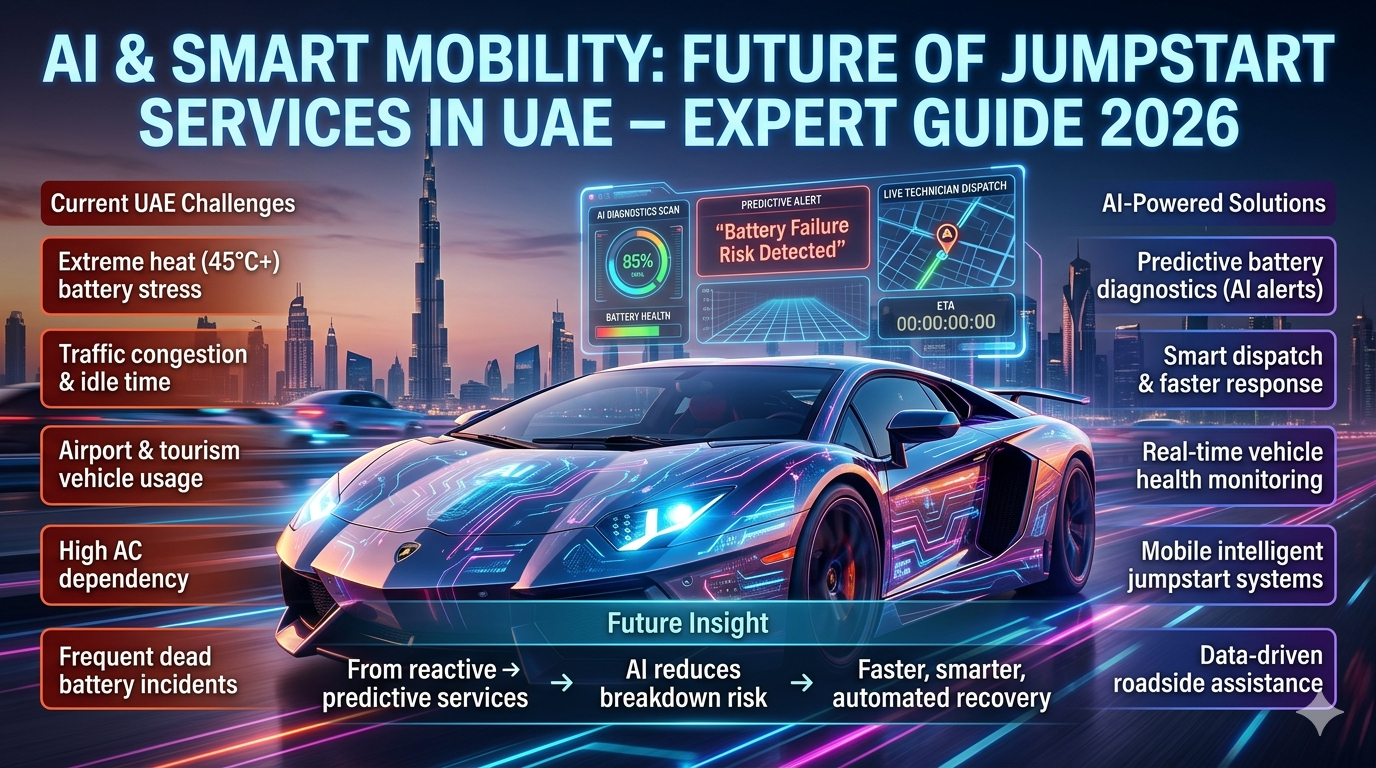 Futuristic luxury car in Dubai with AI diagnostics and smart roadside assistance system showing predictive battery service.