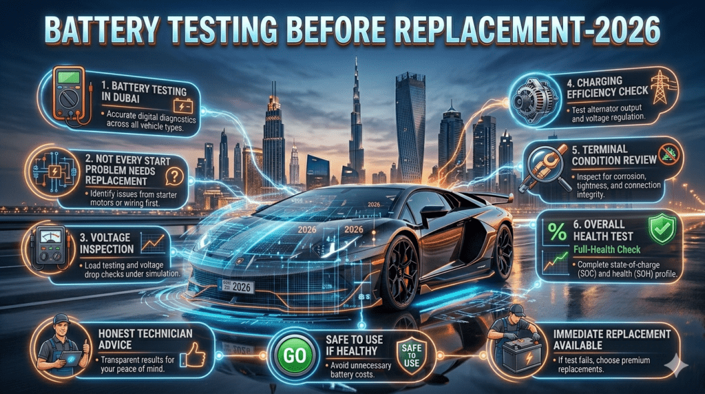 infographic showing a luxury Lamborghini in the center with Dubai skyline background and bold title at top reading Battery Testing Before Replacement-2026. Side bullet points mention battery testing in Dubai, voltage inspection, charging efficiency, terminal condition, overall health check, honest advice, safe use if healthy, and immediate replacement service. Futuristic glowing battery scan effects and high-end automotive style.