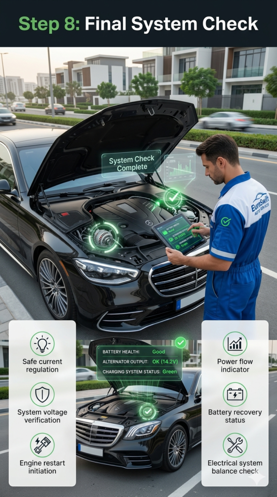 Technician performing final diagnostic check on vehicle battery and charging system using a digital scanner after roadside jump-start service.