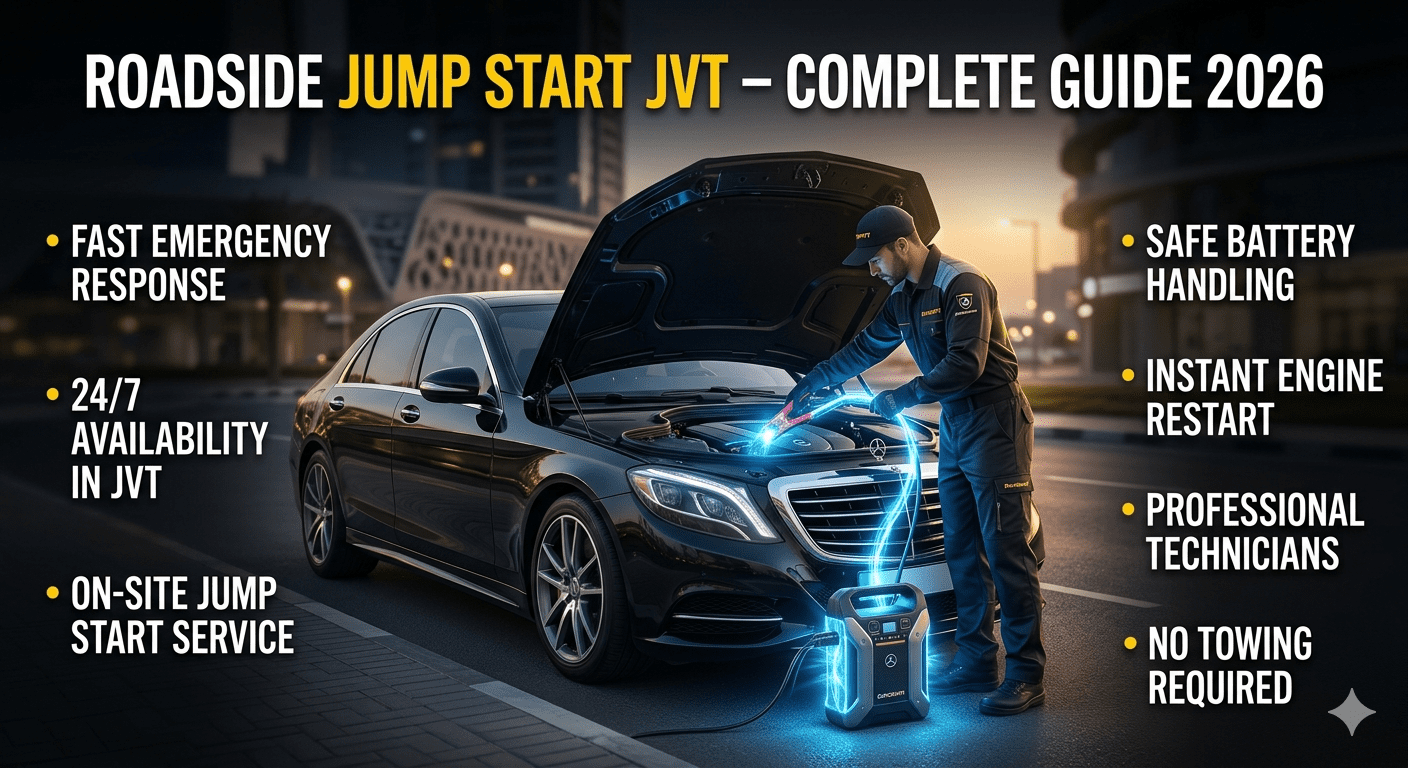 Roadside jump start service in Jumeirah Village Triangle showing technician boosting a car battery with key service features displayed around the image.