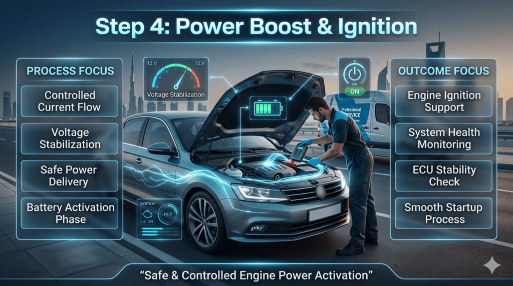 Power boost and ignition step showing technician delivering controlled voltage to car battery for safe engine start with system monitoring