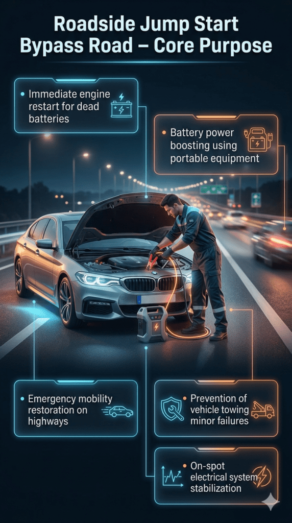 Roadside jump start bypass road infographic showing emergency engine restart, mobility restoration, battery boost service, towing prevention, and electrical stabilization with central technician car assistance scene.