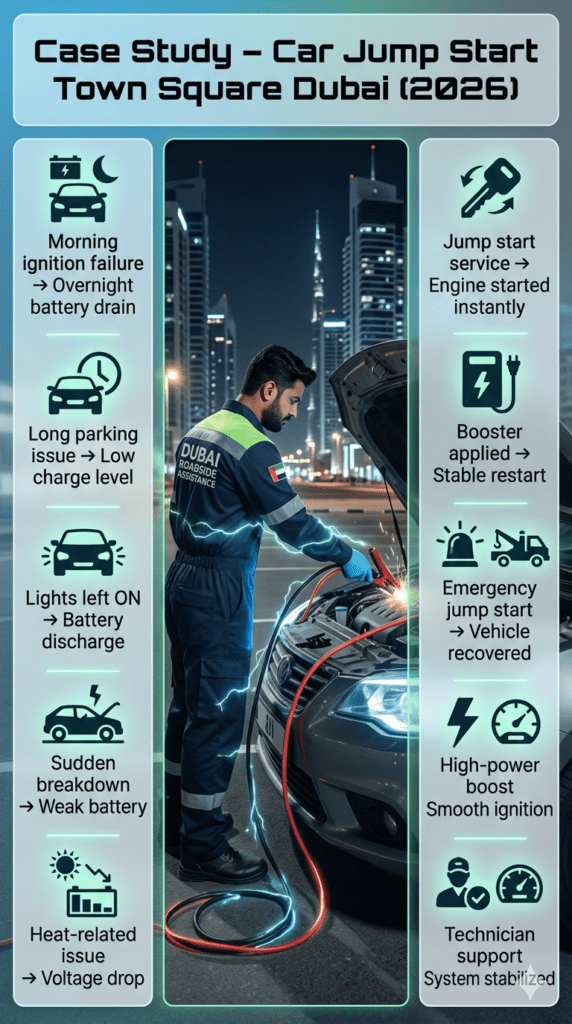 Automotive case study infographic showing car jump start service in Town Square Dubai with technician boosting vehicle battery, featuring situation causes on one side and actions with results on the other in a modern neon-themed layout.