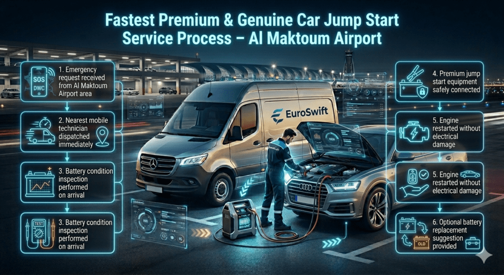 Step-by-step infographic showing airport emergency jump start process at Al Maktoum Airport with EuroSwift Auto Services including request, dispatch, inspection, jump start, engine restart, and battery recommendation.