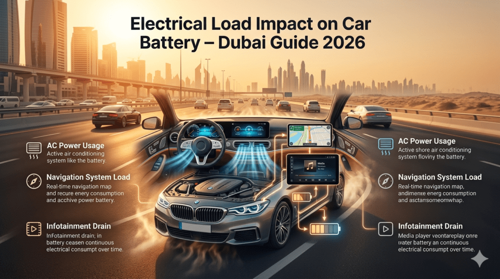 Car electrical load in Dubai showing AC navigation and infotainment draining battery power