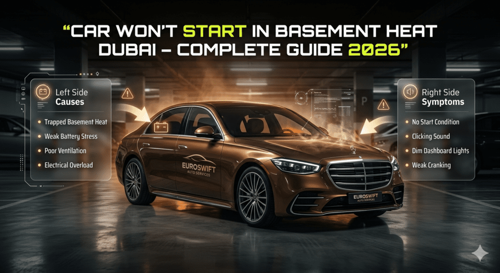 Car won’t start in basement heat Dubai showing heat, battery stress, and ignition failure in underground parking.
