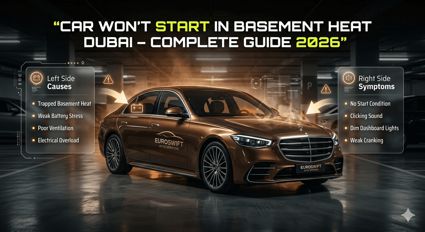 Car won’t start in basement heat Dubai showing heat, battery stress, and ignition failure in underground parking.