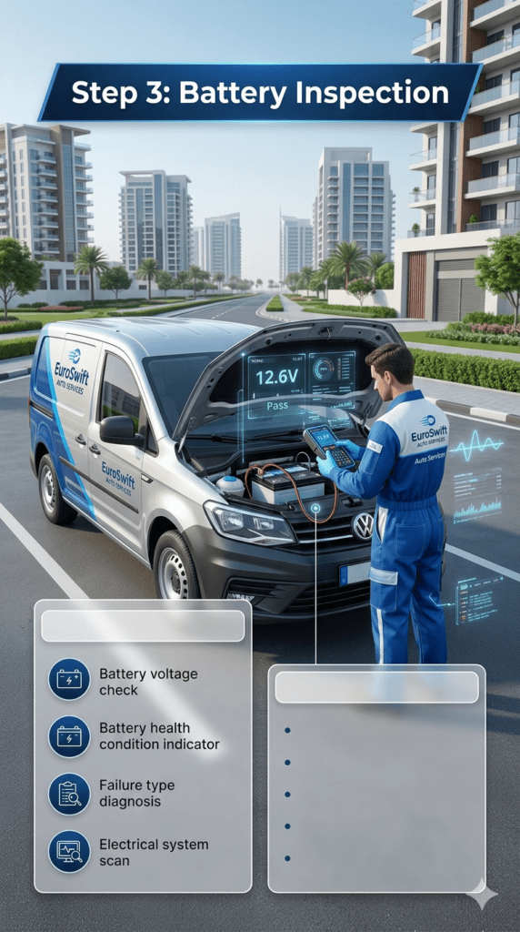 Technician inspecting a car battery with a digital tester during emergency roadside service, showing voltage diagnostics in a professional infographic-style layout.