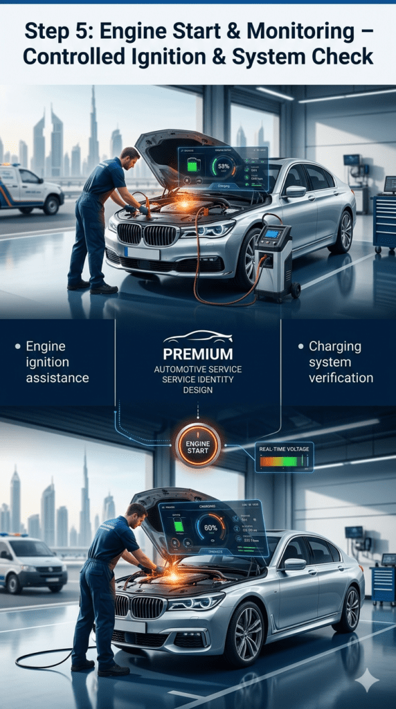 Engine start and monitoring process showing technician assisting ignition and verifying charging system using diagnostic tools.