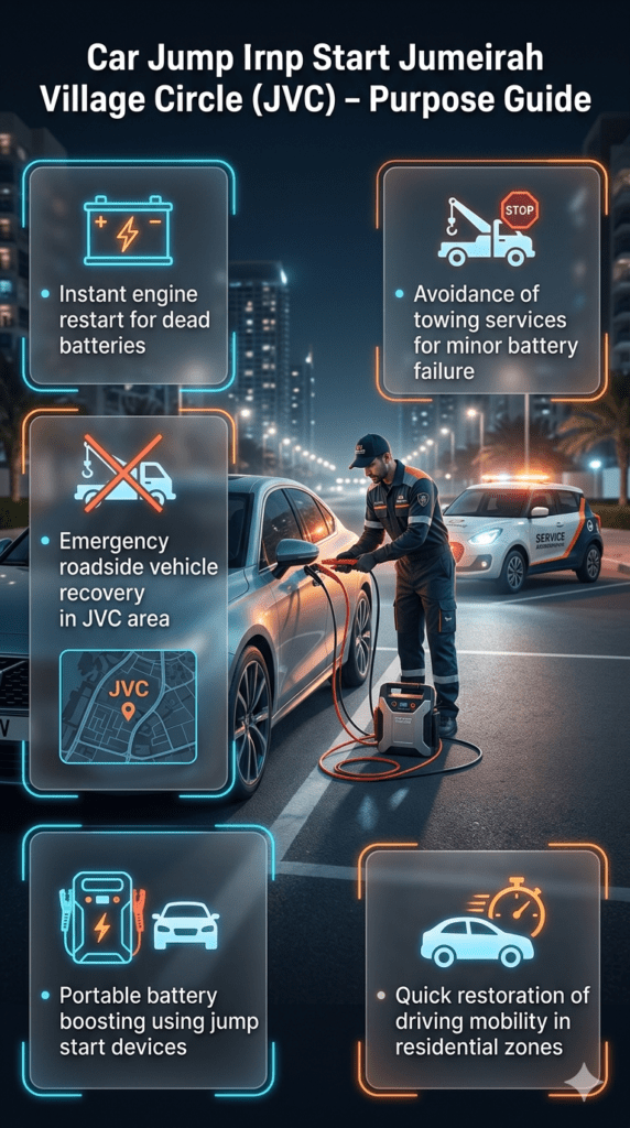Car jump start service in Jumeirah Village Circle showing emergency roadside vehicle recovery, instant engine restart, battery boosting, and mobility restoration with infographic guide layout.