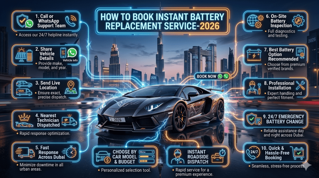 infographic showing a luxury Lamborghini in the center with Dubai skyline background and bold title at top reading How to Book Instant Battery Replacement Service-2026. Side bullet points mention call or WhatsApp support, share vehicle details, send live location, nearest technician dispatch, fast response across Dubai, battery inspection, best battery recommendation, and professional installation. Futuristic glowing automotive design.