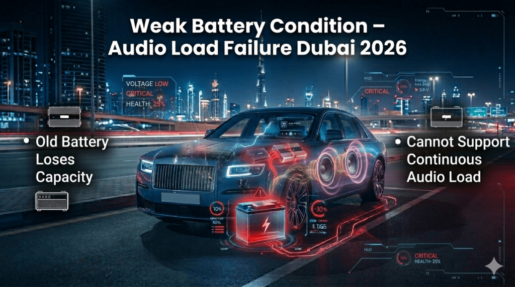 Weak car battery condition in Dubai showing old battery unable to handle continuous audio load causing power drain.