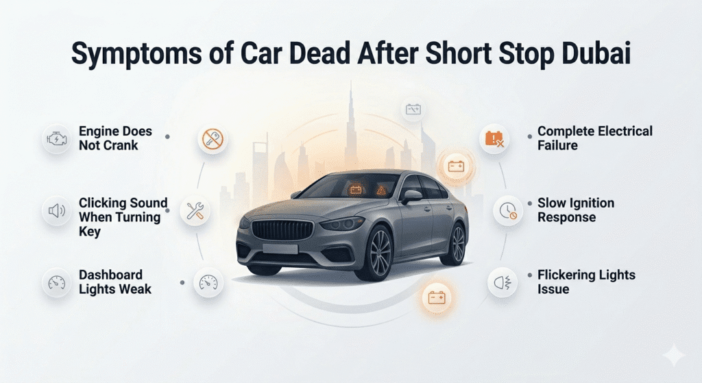 Car battery failure symptoms after short stop in Dubai including no crank clicking sound and electrical issues