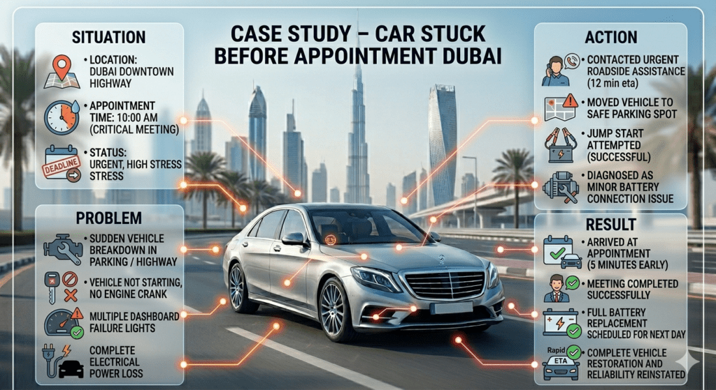 Dubai car case study showing battery issue before meeting and mobile technician fixing it quickly