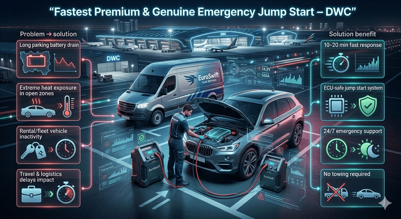 Premium infographic showing emergency jump start service in DWC with EuroSwift Auto Services technician, highlighting battery issues, fast response, ECU-safe system, and instant vehicle recovery.