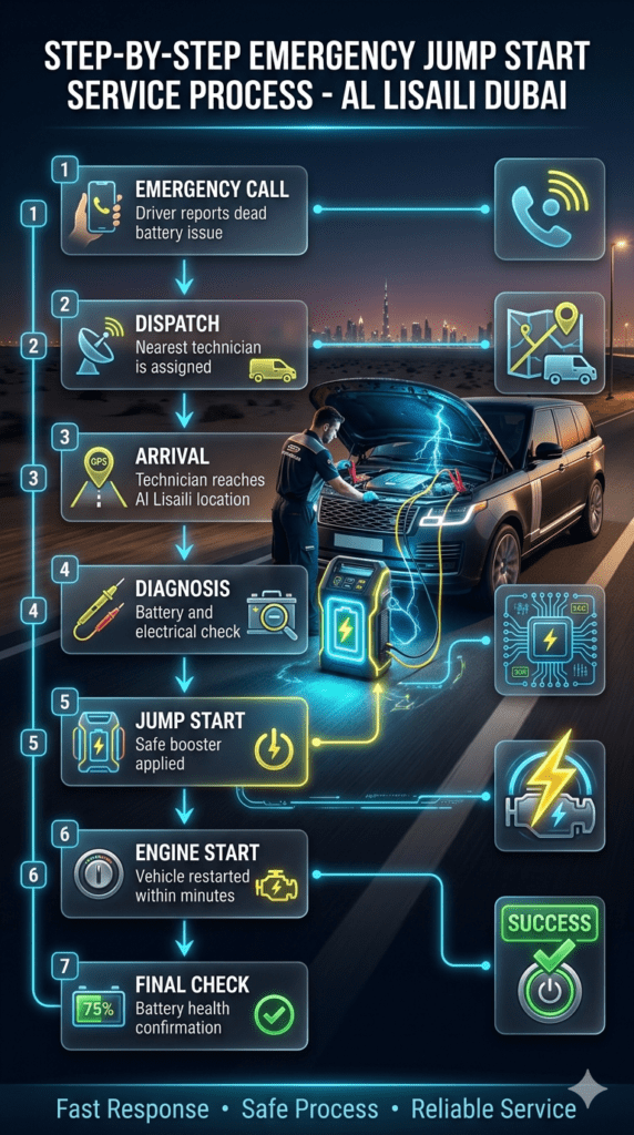 “A modern infographic showing the 7-step emergency car jump start service process in Al Lisaili Dubai with a luxury car, technician, and glowing step timeline in a futuristic UI design.”