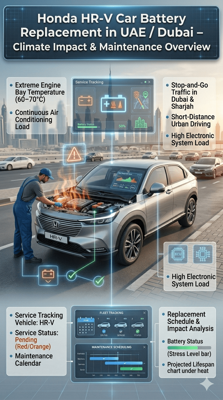Honda HR-V SUV battery replacement infographic showing UAE heat impact, traffic stress, electronic load, and professional automotive diagnostic overview.