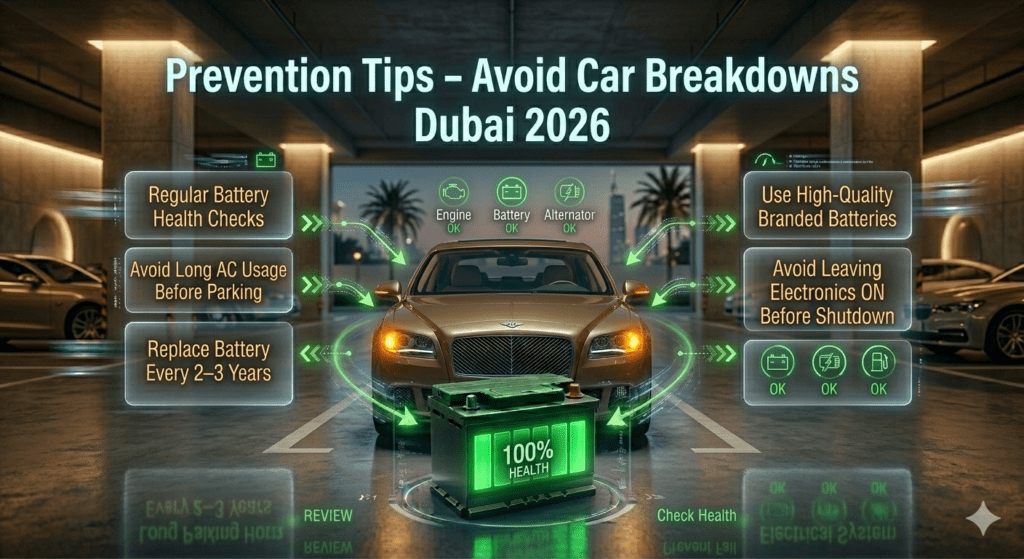 Car breakdown prevention tips infographic showing battery maintenance, AC control, and safe shutdown practices in Dubai.
