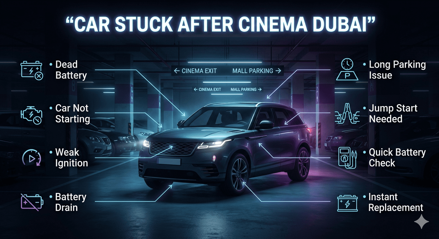 Car stuck after cinema Dubai with dead battery in parking