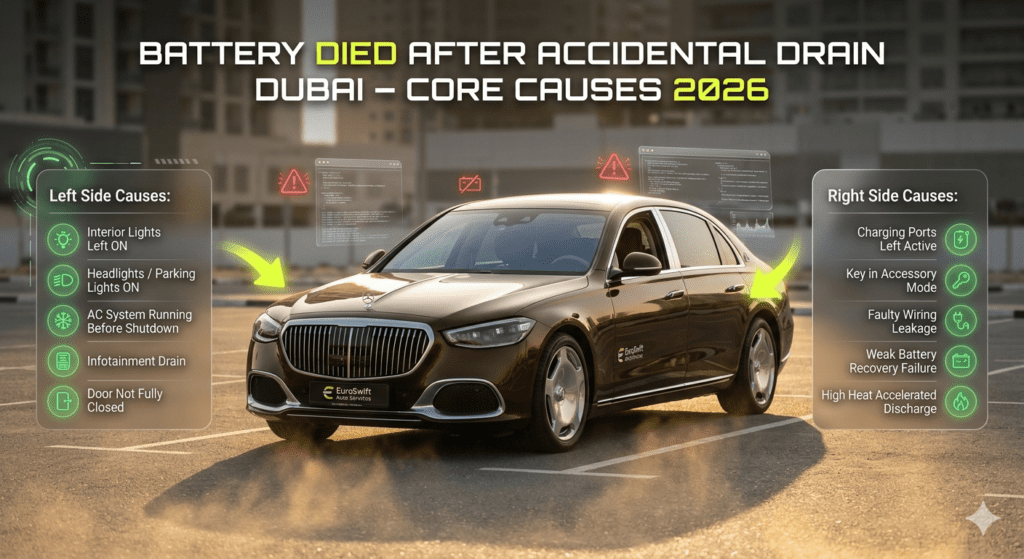Car battery failure after accidental drain in Dubai showing lights left on, AC drain, and electrical issues.